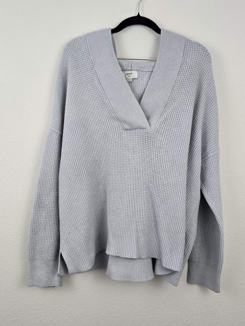 Aerie CozyUp Waffle Knit Hooded V-Neck Sweater